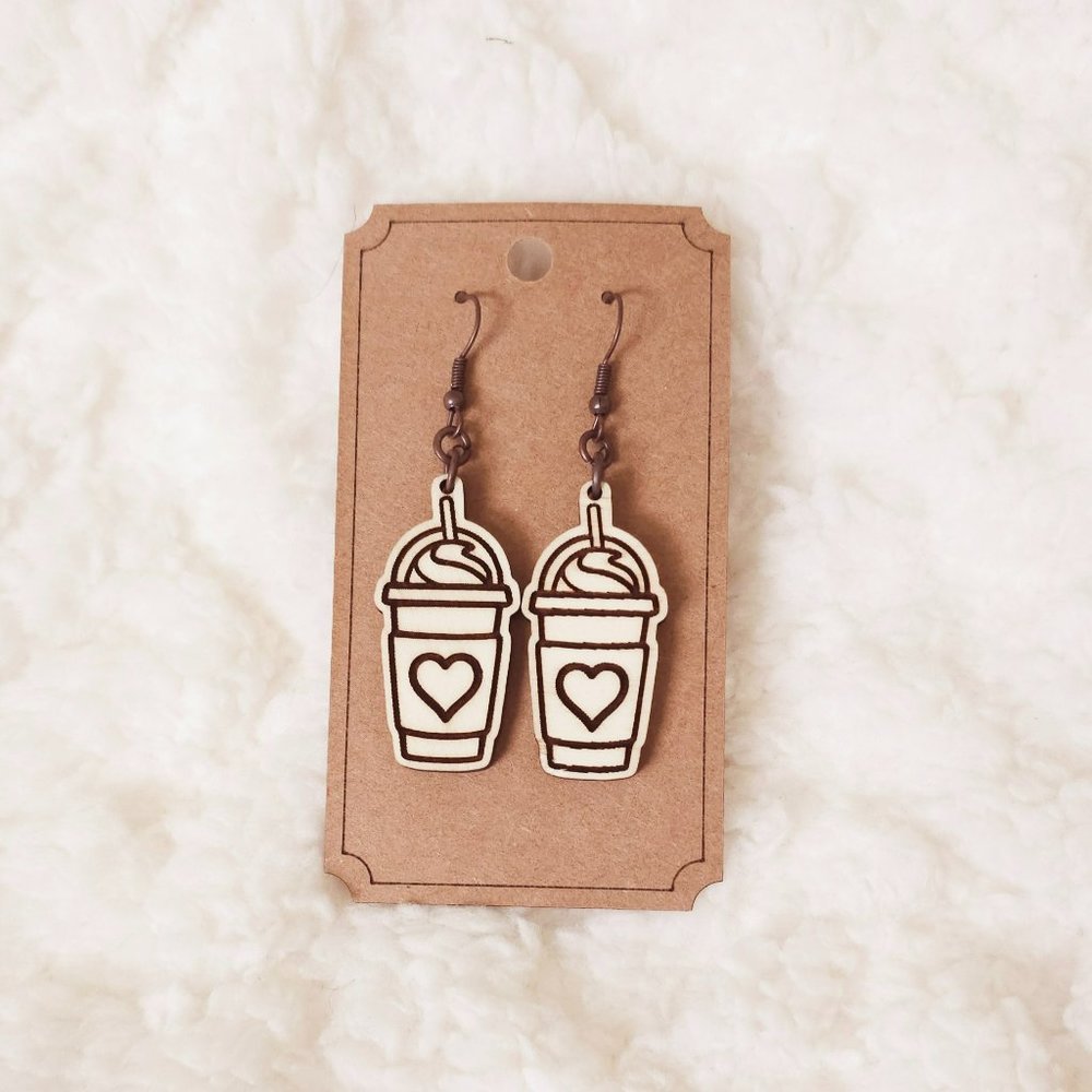 5/$25 Iced Coffee Frappuccino Earrings Dangle Wooden w/Heart